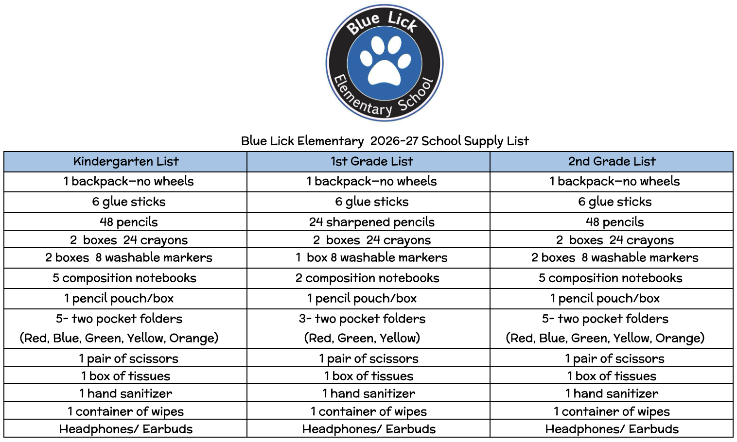 K-2 Supply List English