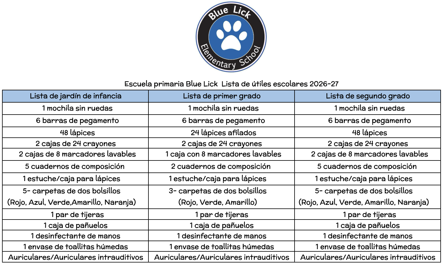 K-2 Supply List Spanish