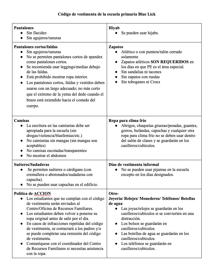 26-27 Dress Code Spanish