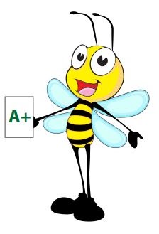 Bee holding a sheet of paper with A+ written on it