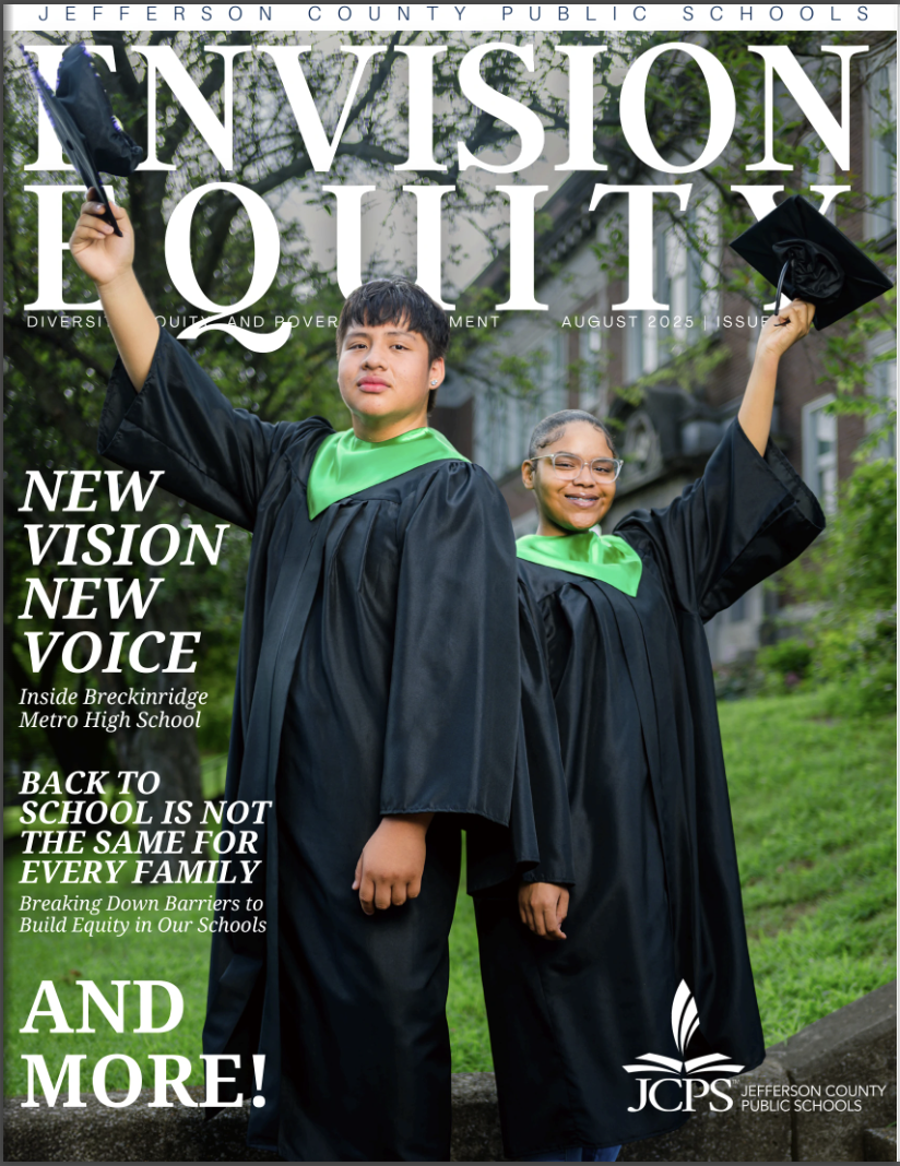 Envision Equity cover featuring graduates holding their caps. 