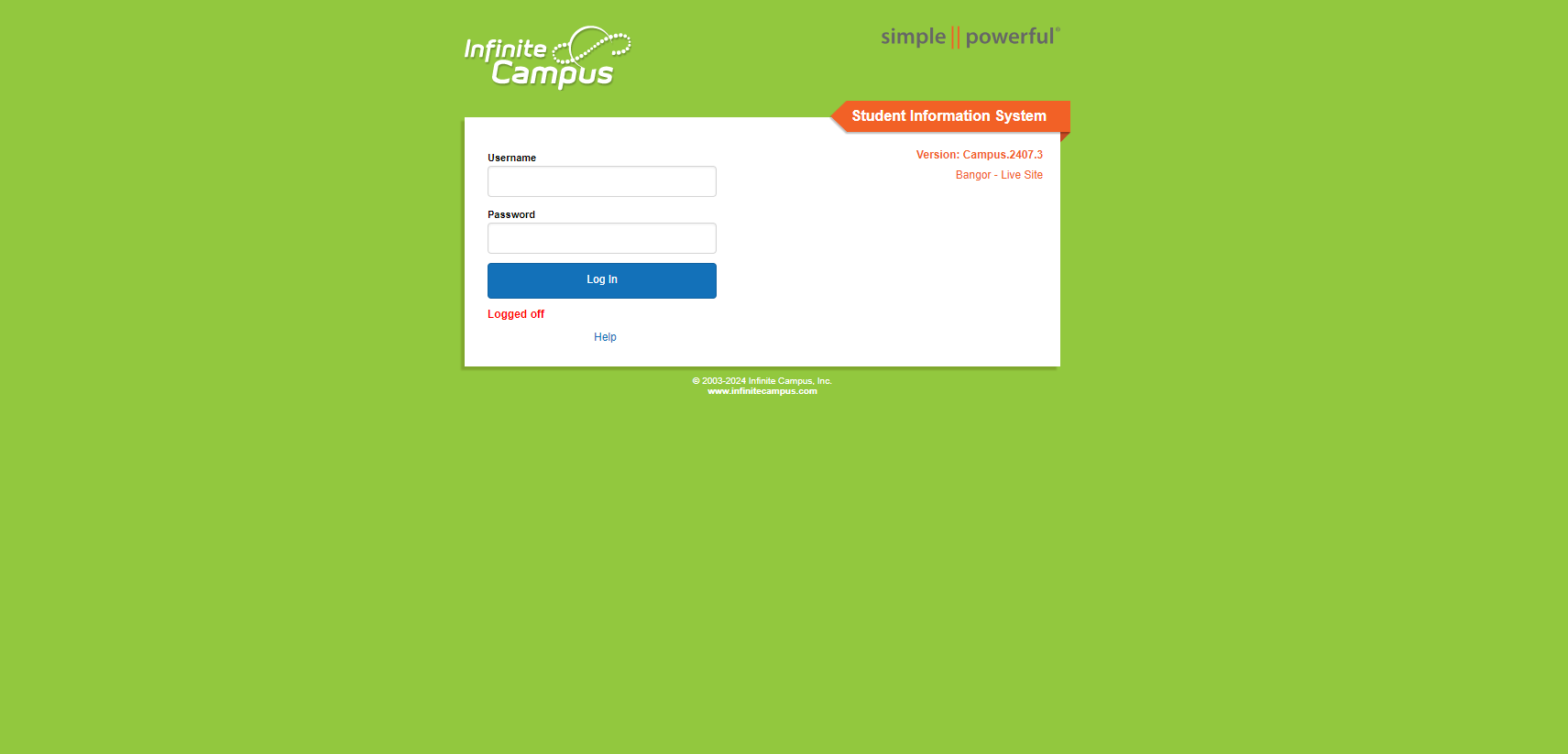 Current grading system Infinite Campus, log in screen with white background.