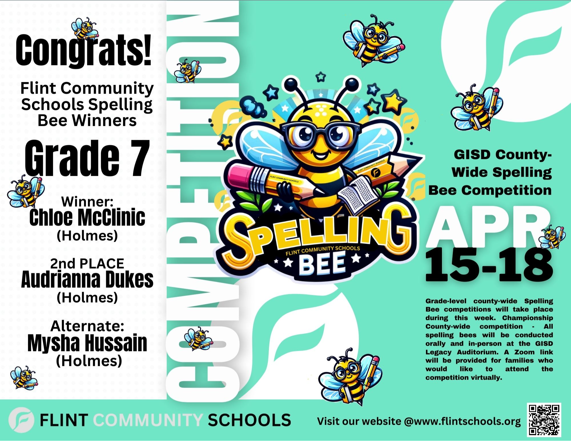 Congratulations to all our Flint Community Schools Spelling Bee Winners! 🐝 Wishing you the best of luck as you represent our district at the GISD competitions. Keep spelling those words with confidence and determination! 📚✨ #SpellingBee #FlintSchools #GoodLuck