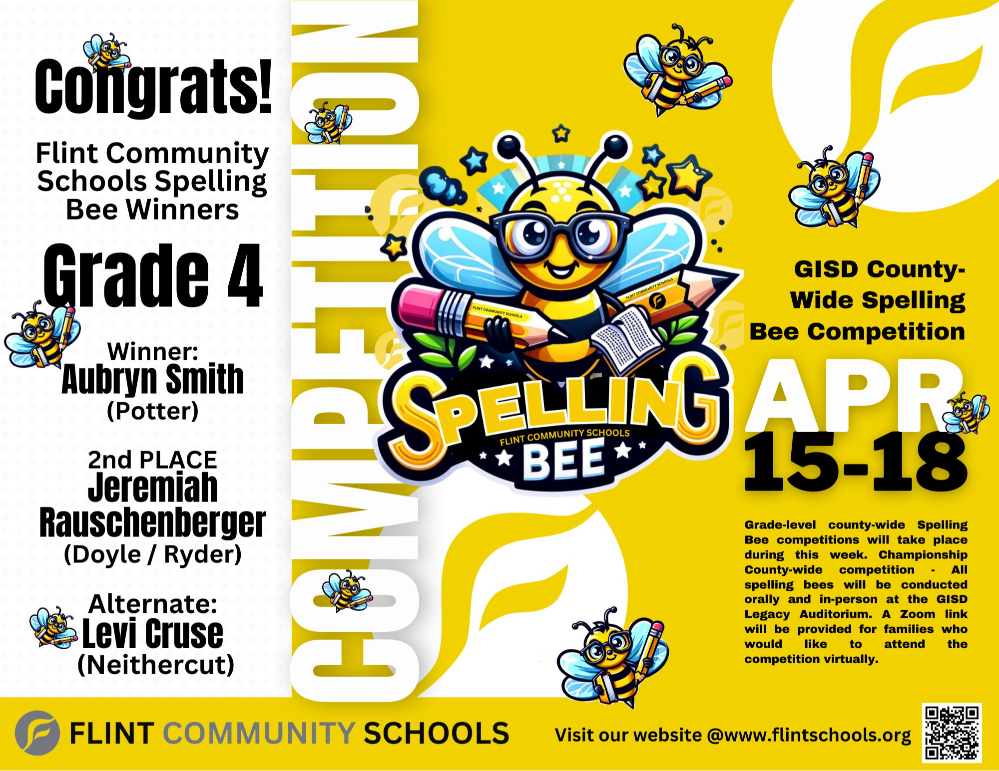 Congratulations to all our Flint Community Schools Spelling Bee Winners! 🐝 Wishing you the best of luck as you represent our district at the GISD competitions. Keep spelling those words with confidence and determination! 📚✨ #SpellingBee #FlintSchools #GoodLuck