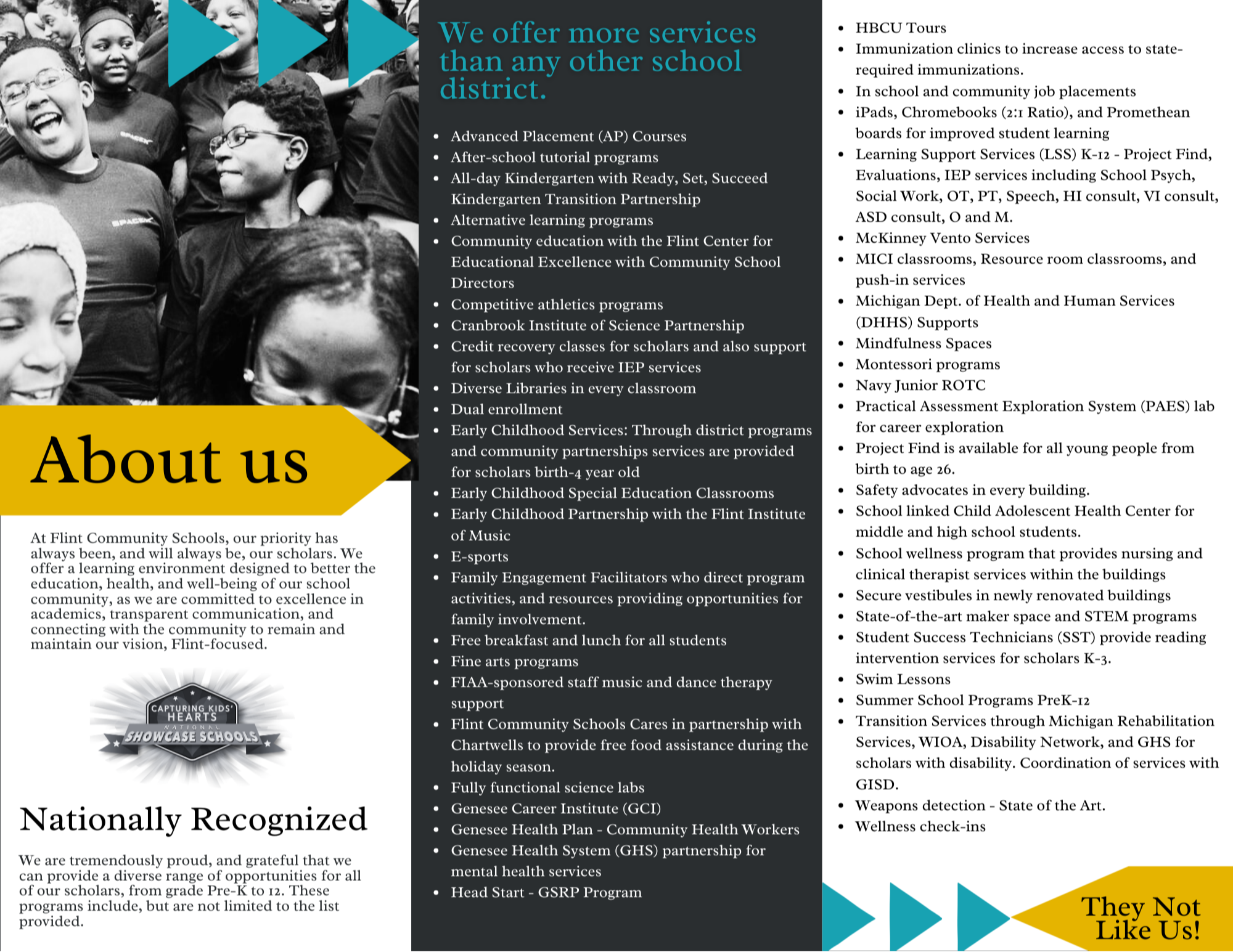 At Flint Community Schools, our priority has always been, and will always be, our scholars. We offer a learning environment designed to better the education, health, and well-being of our school community, as we are committed to excellence in academics, transparent communication, and connecting with the community to remain and maintain our vision, Flint-focused. Nationally Recognized .We are tremendously proud, and grateful that we can provide a diverse range of opportunities for all of our scholars, from grade Pre-K to 12. These programs include, but are not limited to the list provided.  Advanced Placement (AP) Courses  After-school tutorial programs  All-day Kindergarten with Ready, Set, Succeed Kindergarten Transition Partnership  Alternative learning programs  Community education with the Flint Center for Educational Excellence with Community School Directors  Competitive athletics programs  Cranbrook Institute of Science Partnership  Credit recovery classes for scholars and also support for scholars who receive IEP services  Diverse Libraries in every classroom  Dual enrollment  Early Childhood Services: Through district programs and community partnerships services are provided for scholars birth-4 year old  Early Childhood Special Education Classrooms  Early Childhood Partnership with the Flint Institute of Music  E-sports  Family Engagement Facilitators who direct program activities, and resources providing opportunities for family involvement.  Free breakfast and lunch for all students  Fine arts programs  FIAA-sponsored staff music and dance therapy support  Flint Community Schools Cares in partnership with Chartwells to provide free food assistance during the holiday season.  Fully functional science labs  Genesee Career Institute (GCI)  Genesee Health Plan - Community Health Workers  Genesee Health System (GHS) partnership for mental health services  Head Start - GSRP Program  HBCU Tours  Immunization clinics to increase access to state-required immunizations.  In school and community job placements  iPads, Chromebooks (2:1 Ratio), and Promethean boards for improved student learning  Learning Support Services (LSS) K-12 - Project Find, Evaluations, IEP services including School Psych, Social Work, OT, PT, Speech, HI consult, VI consult, ASD consult, O and M.  McKinney Vento Services  MICI classrooms, Resource room classrooms, and push-in services  Michigan Dept. of Health and Human Services (DHHS) Supports  Mindfulness Spaces  Montessori programs  Navy Junior ROTC  Practical Assessment Exploration System (PAES) lab for career exploration  Project Find is available for all young people from birth to age 26.  Safety advocates in every building.  School linked Child Adolescent Health Center for middle and high school students.  School wellness program that provides nursing and clinical therapist services within the buildings  Secure vestibules in newly renovated buildings  State-of-the-art maker space and STEM programs  Student Success Technicians (SST) provide reading intervention services for scholars K-3.  Swim Lessons  Summer School Programs PreK-12  Transition Services through Michigan Rehabilitation Services, WIOA, Disability Network, and GHS for scholars with disability. Coordination of services with GISD.  Weapons detection - State of the Art.  Wellness check-ins