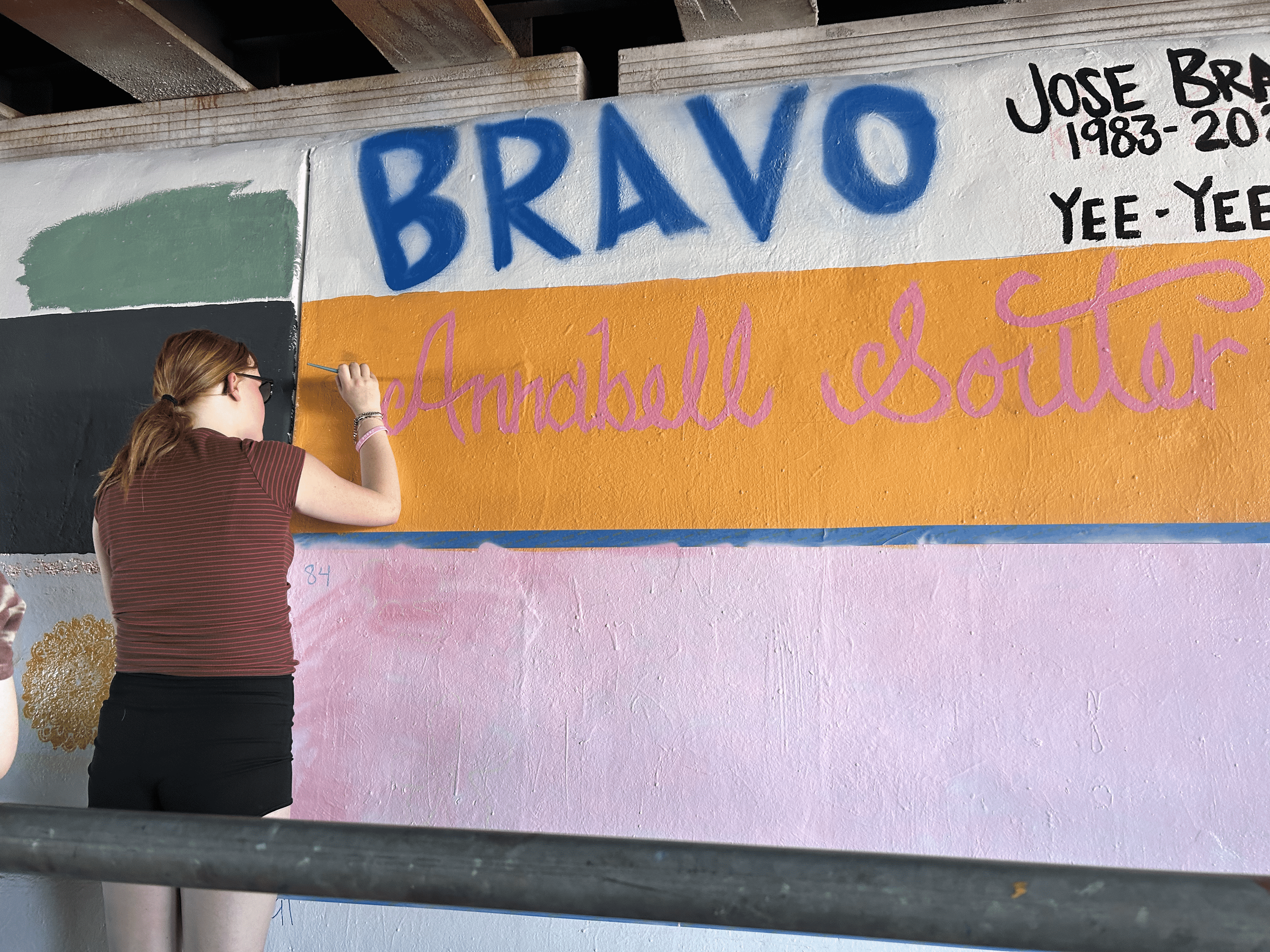 Students painting underpass.