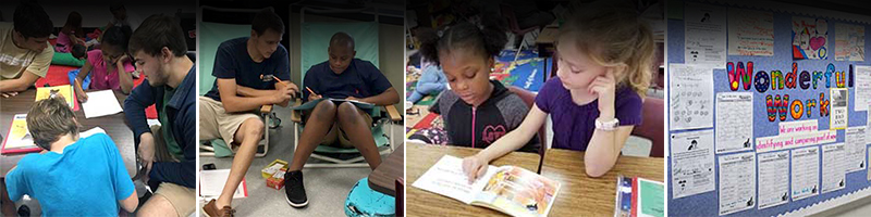 collage of students in the classroom writing, reading 