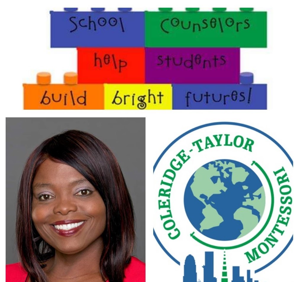 collage of pictures, that includes a headshot of Ms. White, Professional School Counselor and the school logo