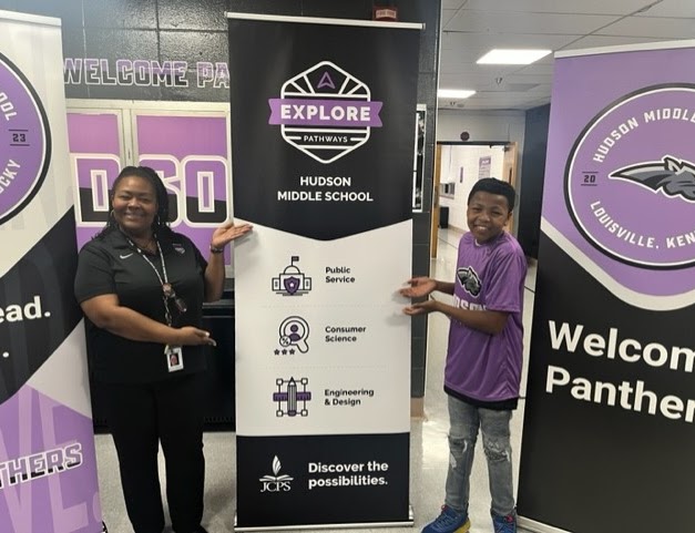 Student and teacher showing the explore pathways banner