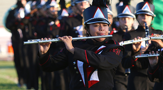 A marching band performing in a field.