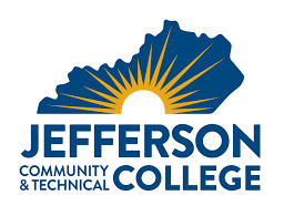 An image of a logo for Jefferson Community College featuring the state outline and sun rays behind it.
