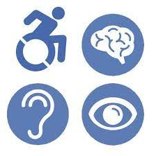 An iconic set of symbols representing accessibility and inclusiveness: a wheelchair, a brain, an ear, and an eye.