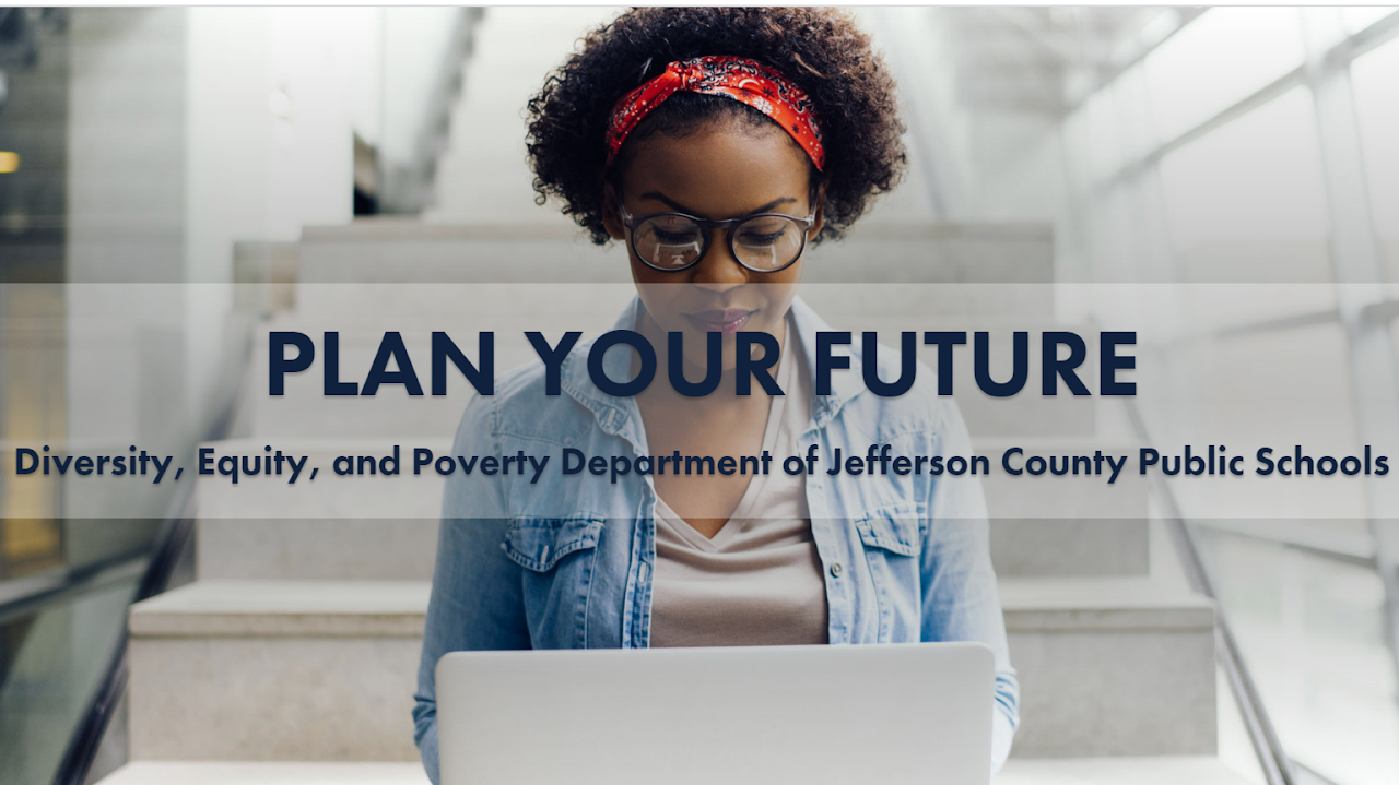 A person focused on their laptop, with the text 'Plan your future' and a message about diversity, equity, and public education visible in the image.