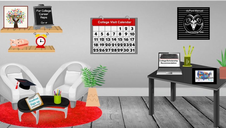 A well-organized home office with a calendar, a coffee maker, and various educational items.