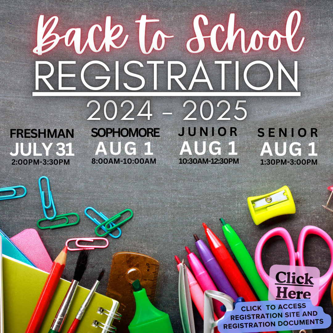 A 2024 back-to-school themed poster for a school registration event.