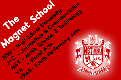 An advertisement for the magnet school with a list of offered courses and programs.