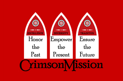 A poster with three candles, each bearing a white message and a red seal, in front of a dark background. The text on the candles reads: 'CRIMESON MISSION,' 'EXCELLENCE,' and 'DIVERSITY.' The candles are positioned centrally and appear to be lit.