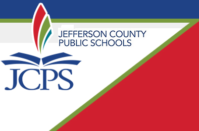 An image of a flag with the text "JEFFERSON COUNTY PUBLIC SCHOOLS" and "JCPS" prominently displayed. The flag is red, white, and blue, with the school district's logo in the center, and it appears to be on a pole or stand at an angle.