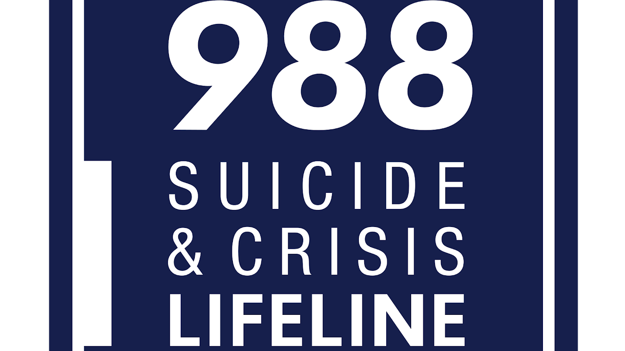 The image shows a logo for the Suicide and Crisis Lifeline with a navy blue background and a white border.