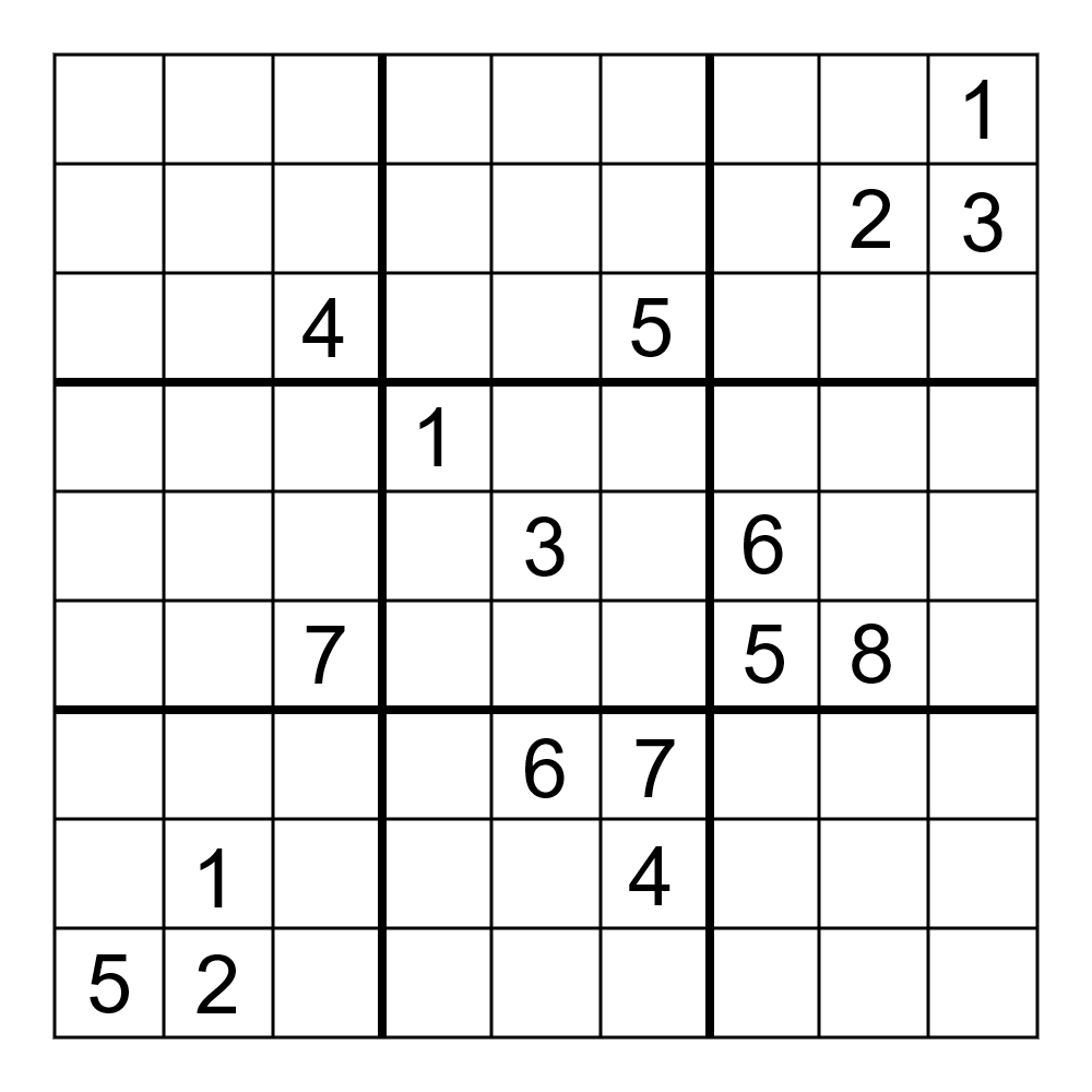 A black and white Sudoku puzzle, showcasing the intricate layout of numbered squares awaiting solution.