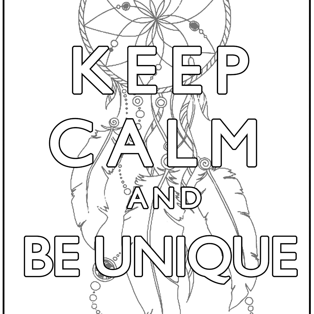 An artistic black and white illustration of a wolf's head, adorned with a dream catcher necklace, with a quote that reads 'Keep calm and be unique.' The image is simple, yet striking, capturing the essence of individuality through nature.