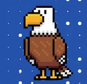 An image of a pixelated eagle with wings spread, standing against a blue sky background.