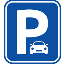 A blue parking sign with a car icon below the text.