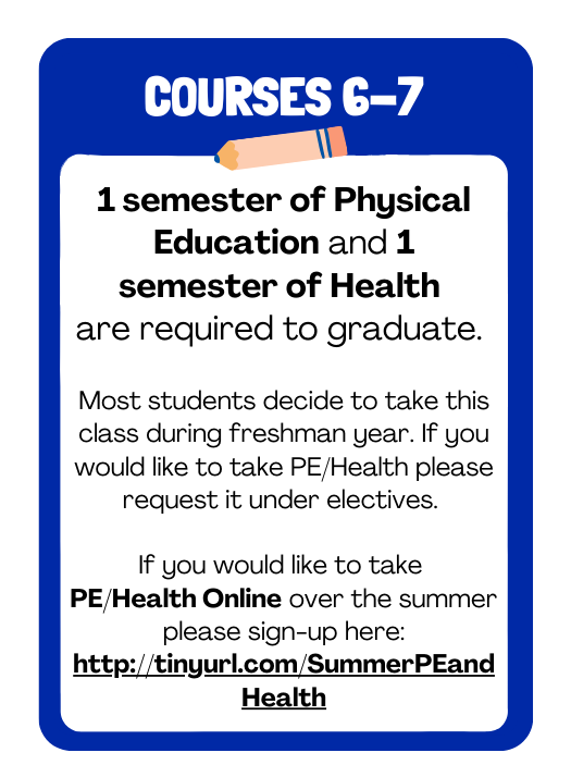 COURSES 6-7  1 semester of Physical  Education and 1 semester of Health are required to graduate.  Most students decide to take this class during freshman year. If you would like to take PE/Health please request it under electives.  If you would like to take  PE/Health Online over the summer please sign-up here:  http://tinyurl.com/SummerPEand  Health