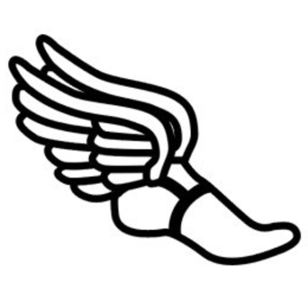 A black and white logo of a running shoe with a wing on it.