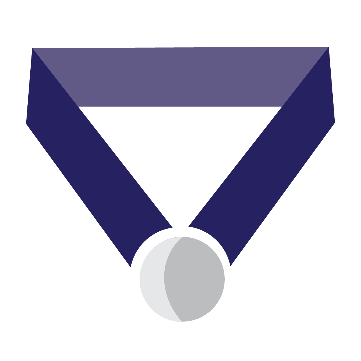 A digital illustration featuring a stylized, purple shield-like emblem with a central silver medal and two horizontal blue banners.