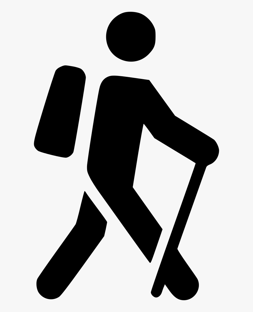 The image depicts a black and white icon of a man with a backpack, using crutches. The man is walking down the street with his crutches in hand and appears to be navigating a cityscape.