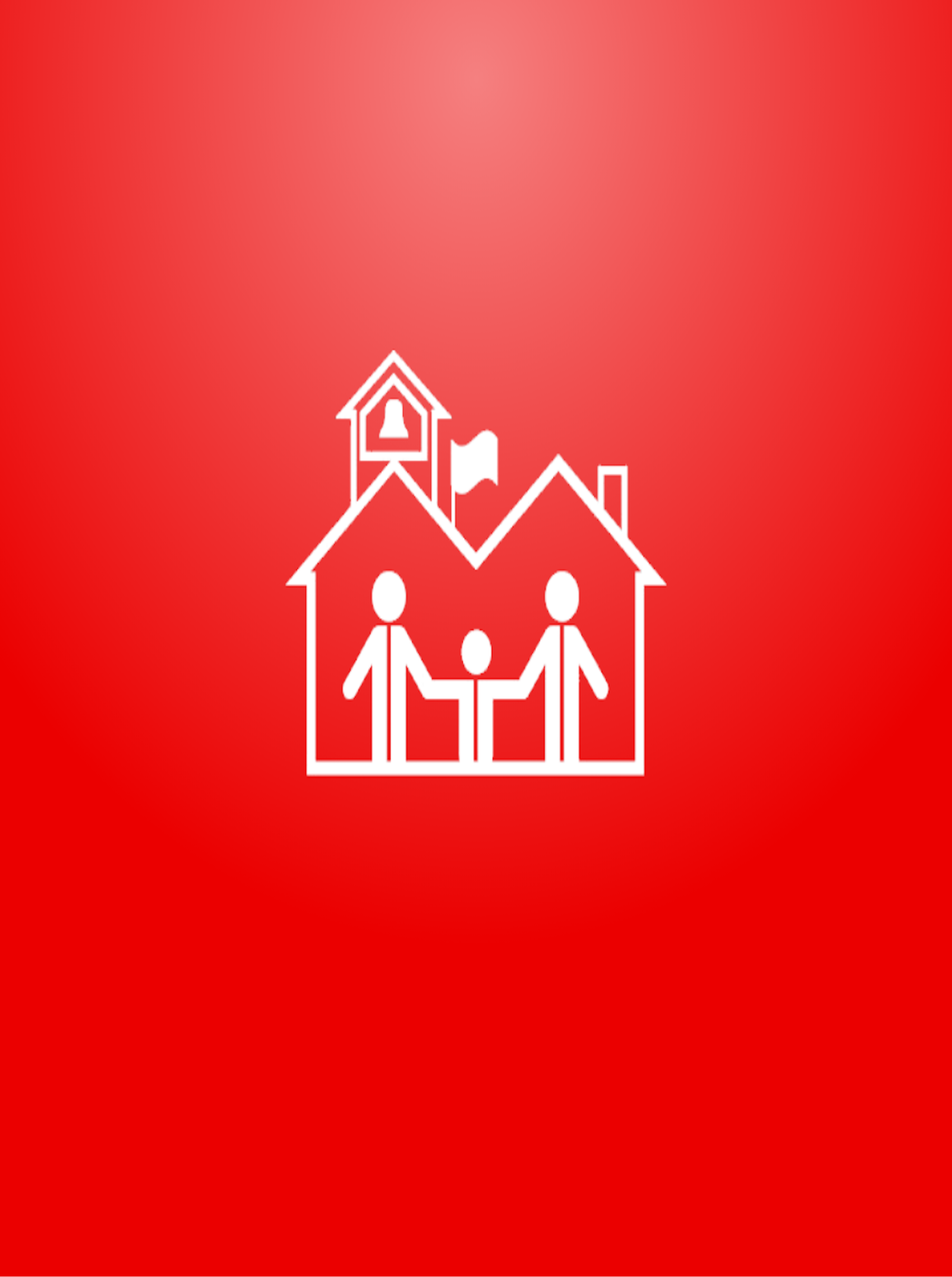 Icon showing a family standing in front of a school building with a flag on top.