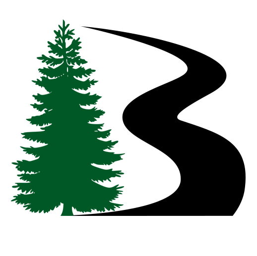 A logo of a pine tree next to a path.