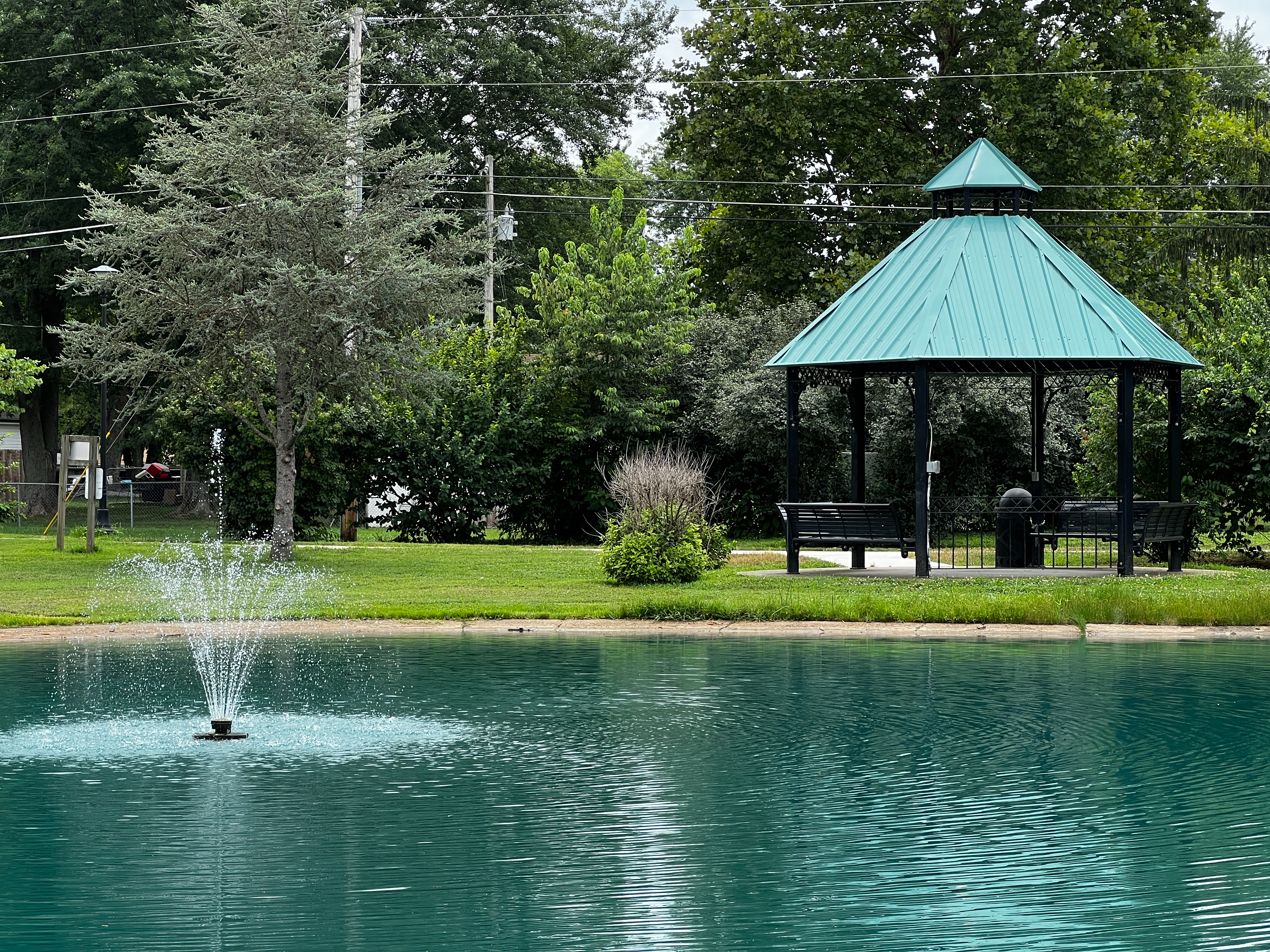 This is a picture of the gazebo and pond located at the Cherokee Trail of Tears Park in Battlefield, MO.