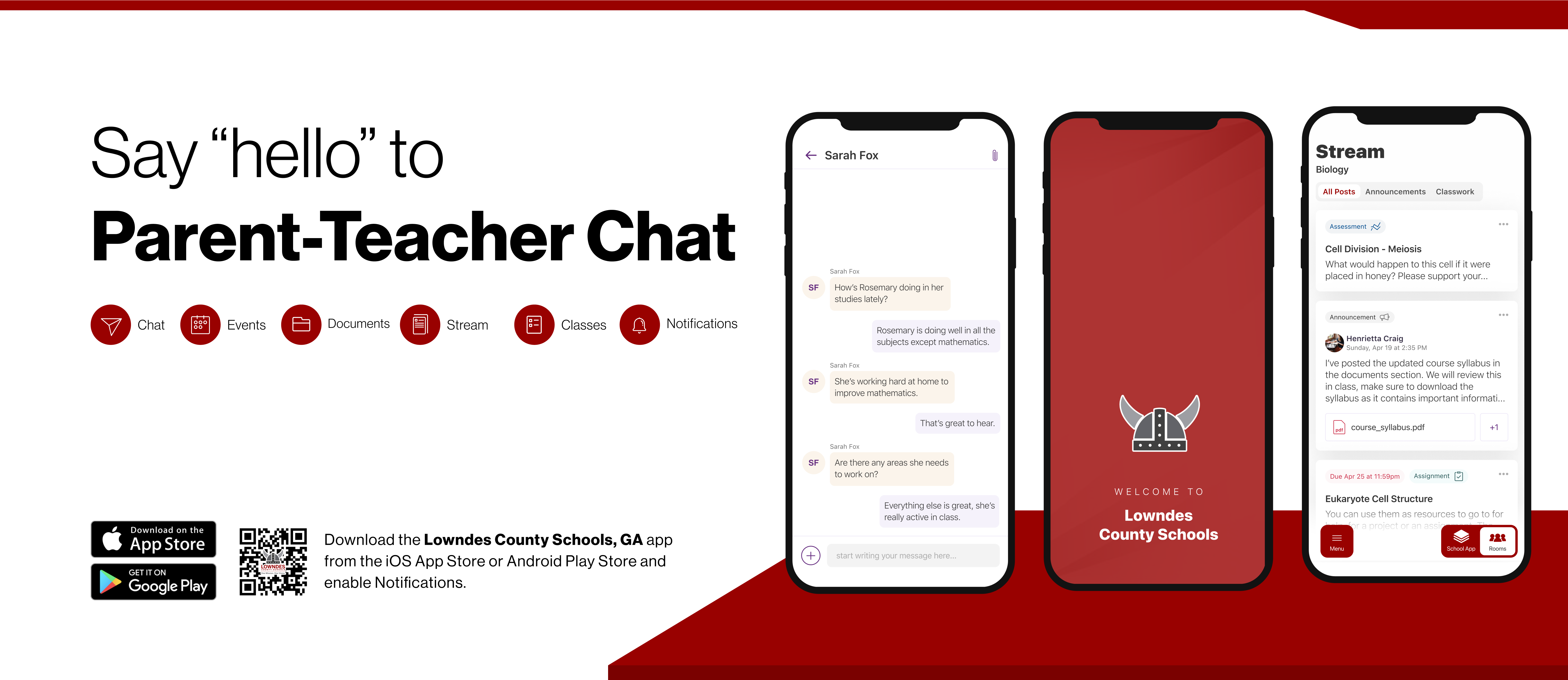 Say hello to Parent-Teacher chat in the new Rooms app. Download the Lowndes County Schools app in the Google Play or Apple App store.