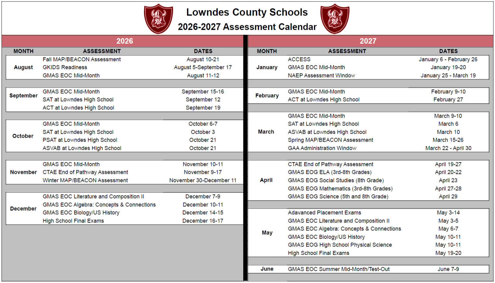LCSS Testing Calendar