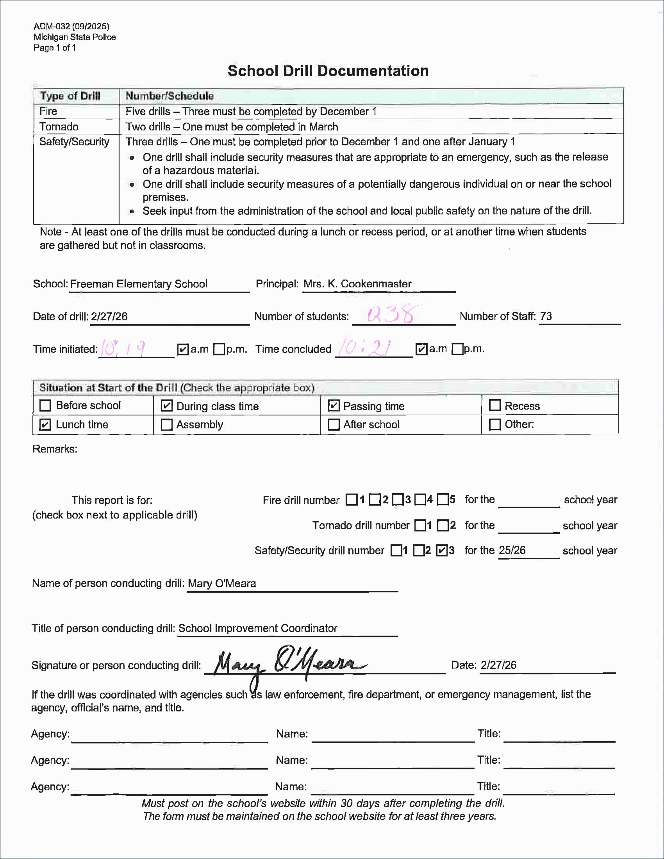 Safety/Security Drill 2/27/26