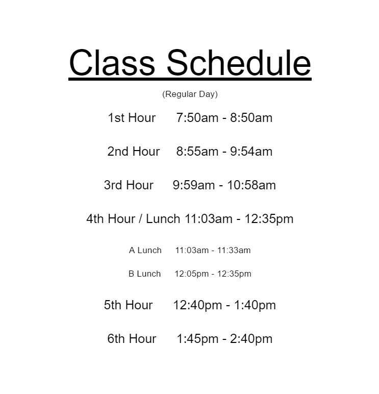 ALA Class Schedule Regular Day