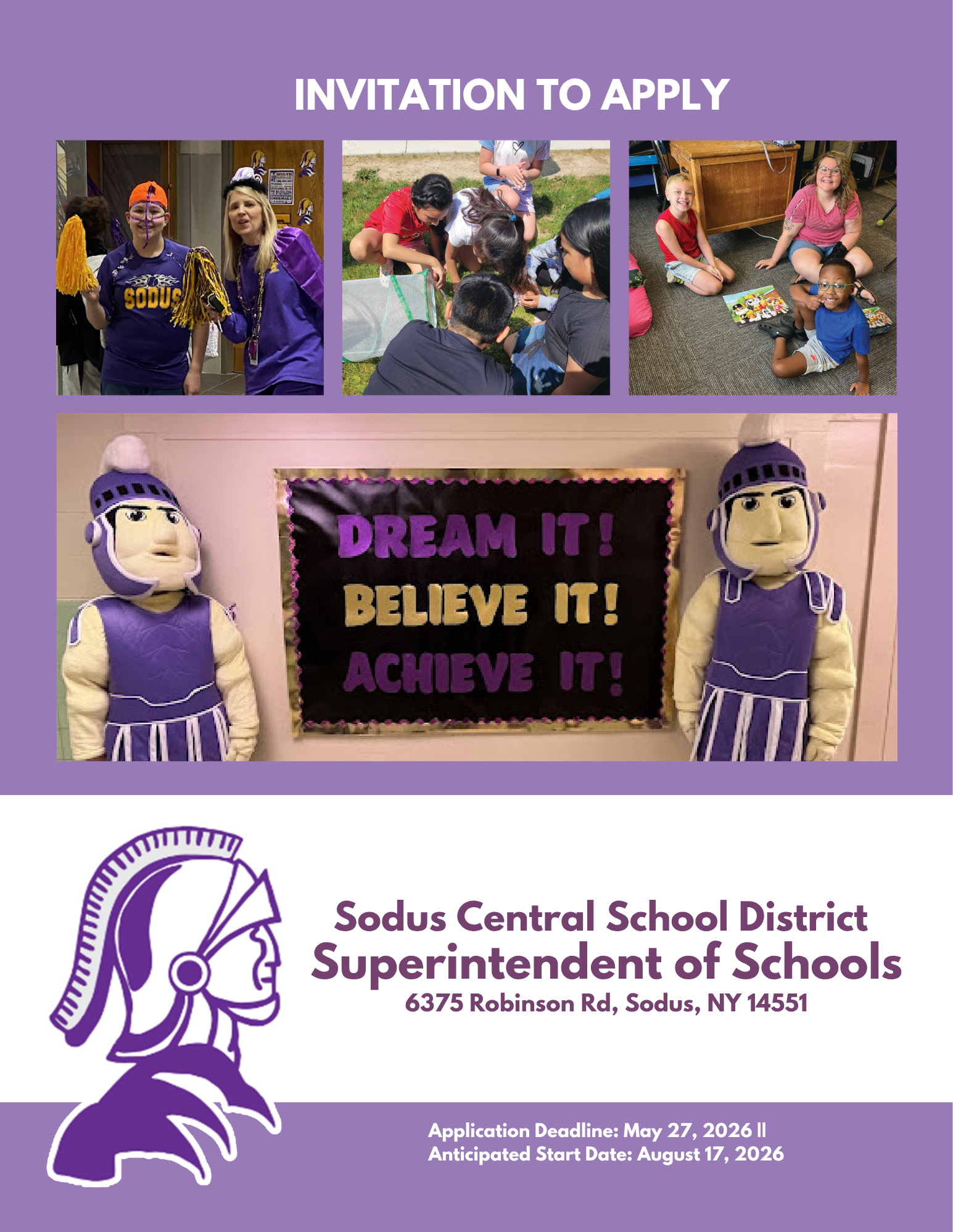 Invitation to Apply: Sodus Central School District Superintendent of Schools. Application Deadline: May 27, 2026. Anticipated Start Date: August 17, 2026