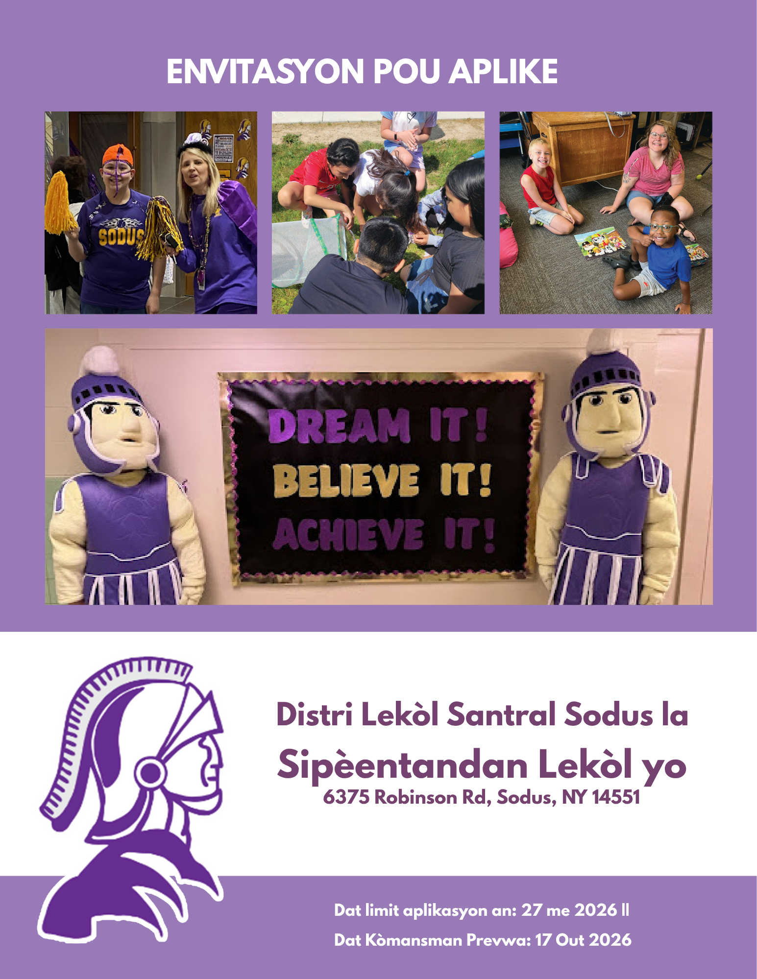 Envitasyon Pou Aplike: Distri Lekol Santral Sodus la Sipeentandan Lekol yo: Dat limit aplikasyon an: 27 me 2026 / Dat Konmansman Prevwa: 17 Out 2026