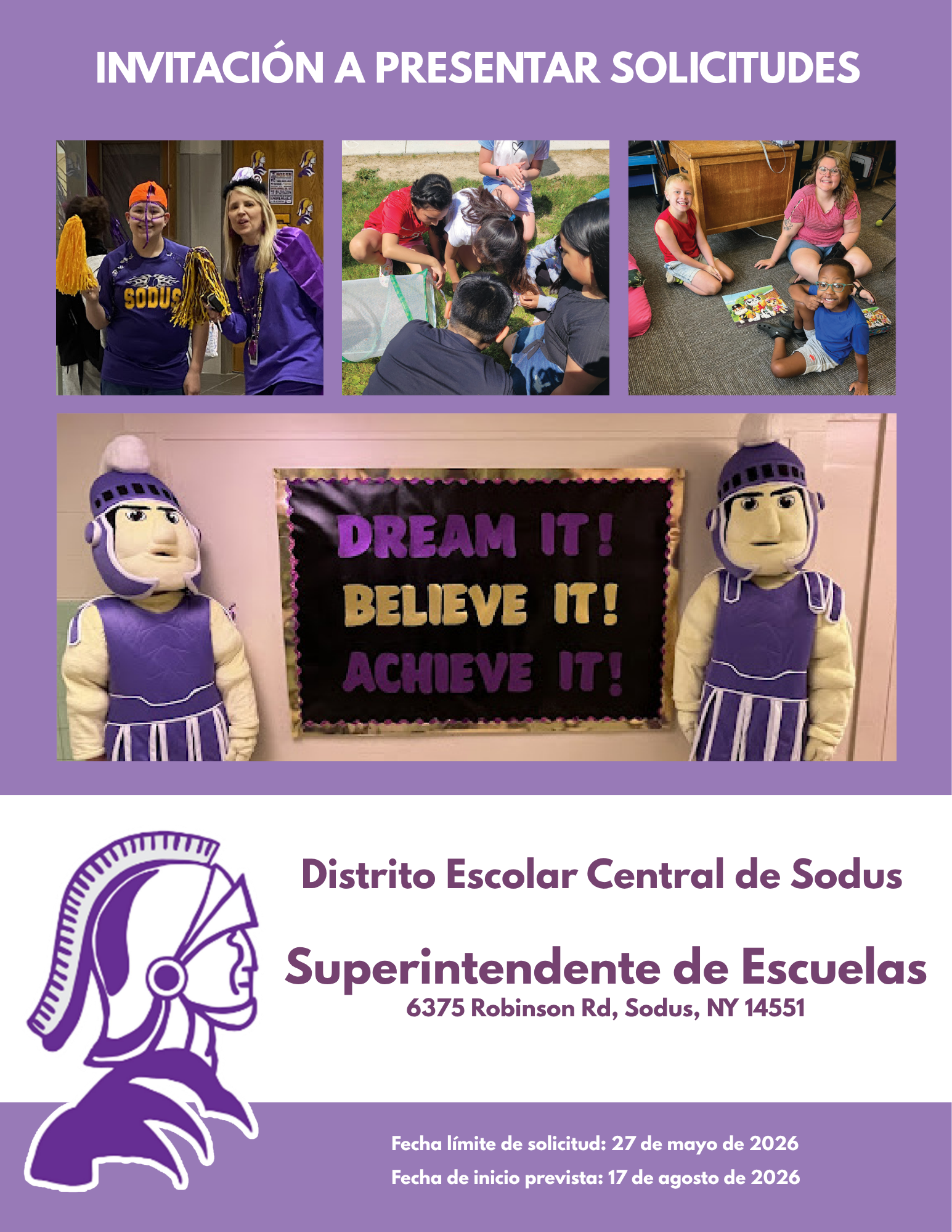 Invitacion a Presentar Solicitudes: Distrito Escolar Central de Sodus, Superintendente de Escuelas: Fecha limite de solicitud, 27 de mayo de 2026. Fecha de inicio prevista, 17 de agosto de 2026