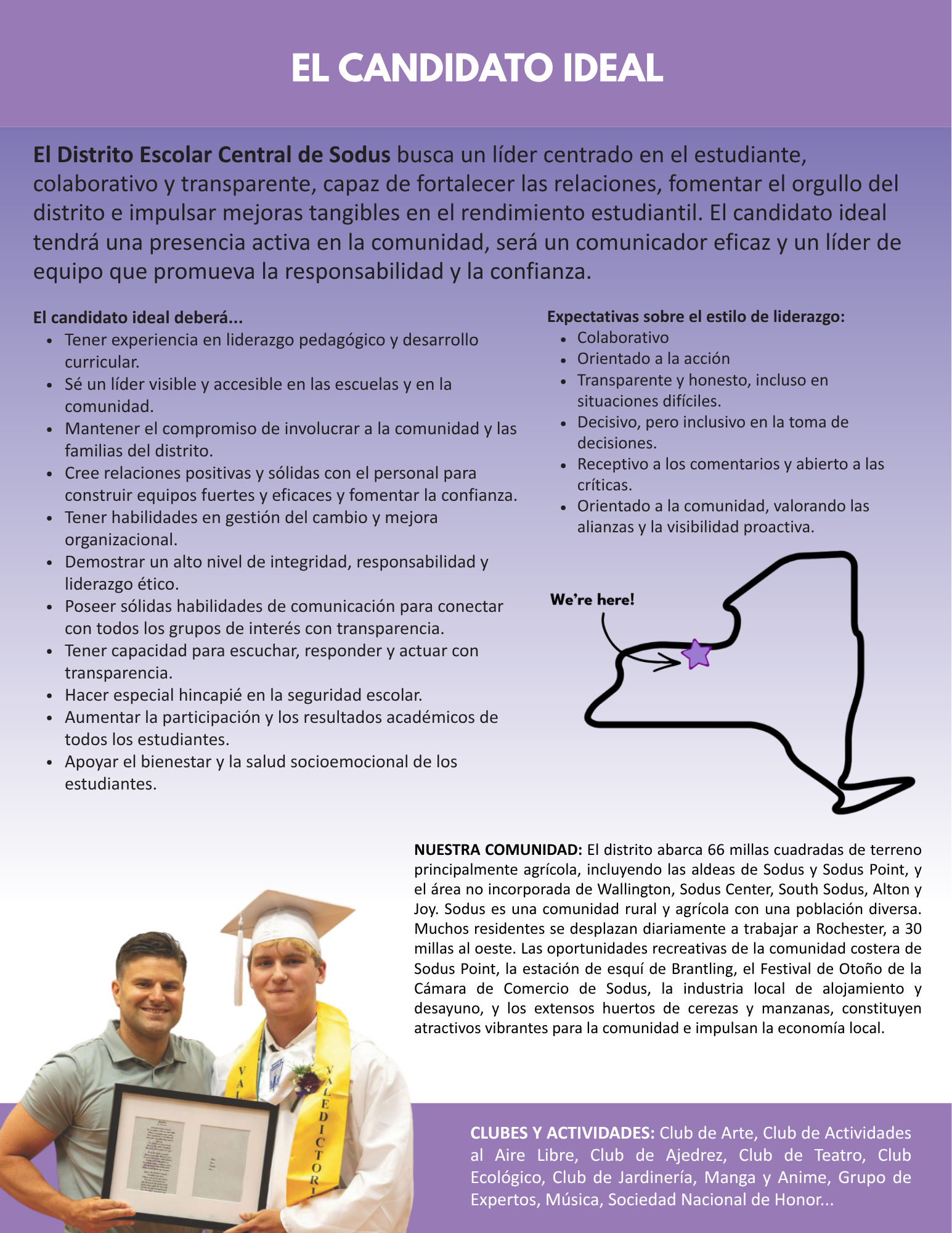 El Distrito Escolar Central de Sodus busca un líder centrado en el estudiante, colaborativo y transparente, capaz de fortalecer las relaciones, fomentar el orgullo del distrito e impulsar mejoras tangibles en el rendimiento estudiantil. El candidato ideal tendrá una presencia activa en la comunidad, será un comunicador eficaz y un líder de equipo que promueva la responsabilidad y la confianza.