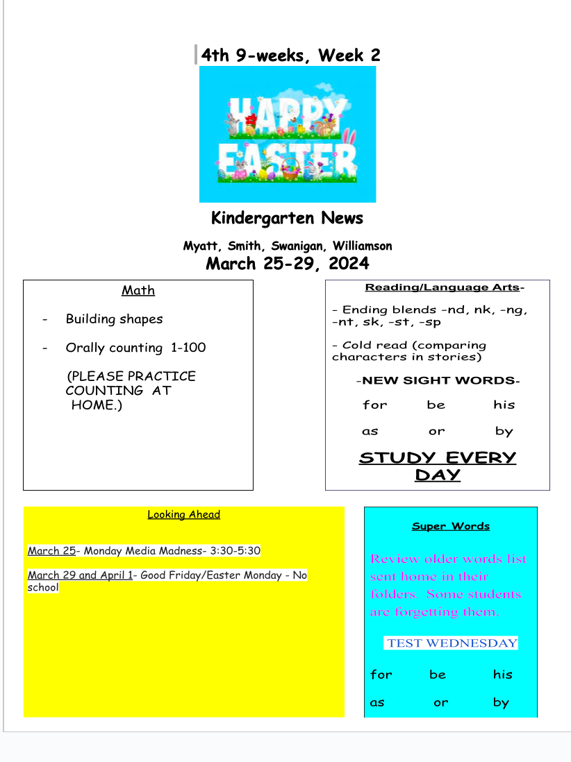 4th 9-weeks, week 5 earth day kindergarten news, loftin, myatt, smith, williamson, april 17-21, 2023