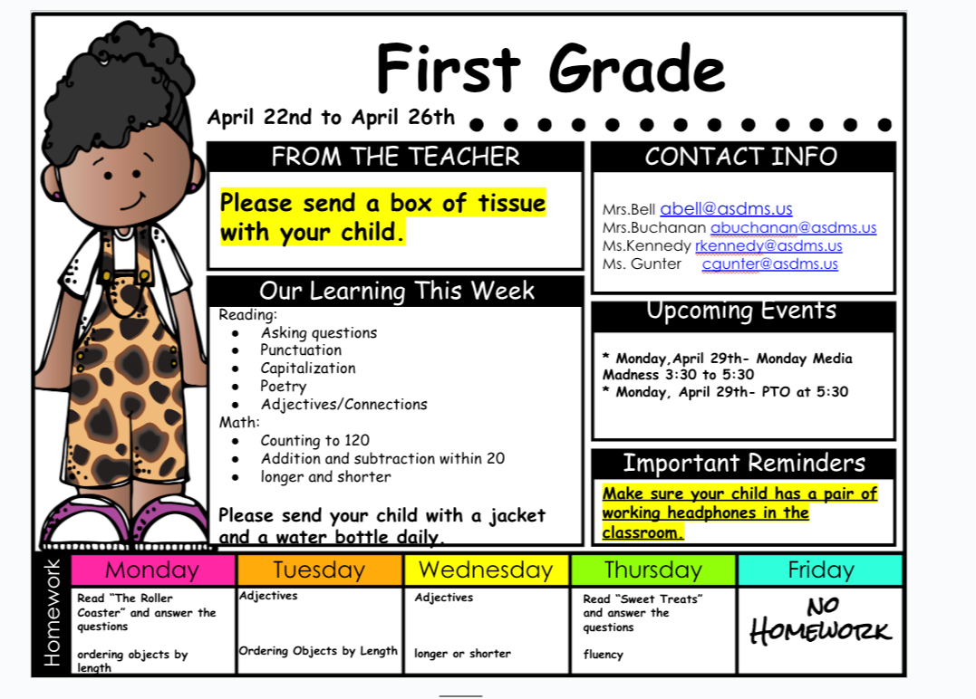 First Grade Newsletter April 17th to April 21st, From the teacher please make sure your child is here by 7:40 AM each Day.