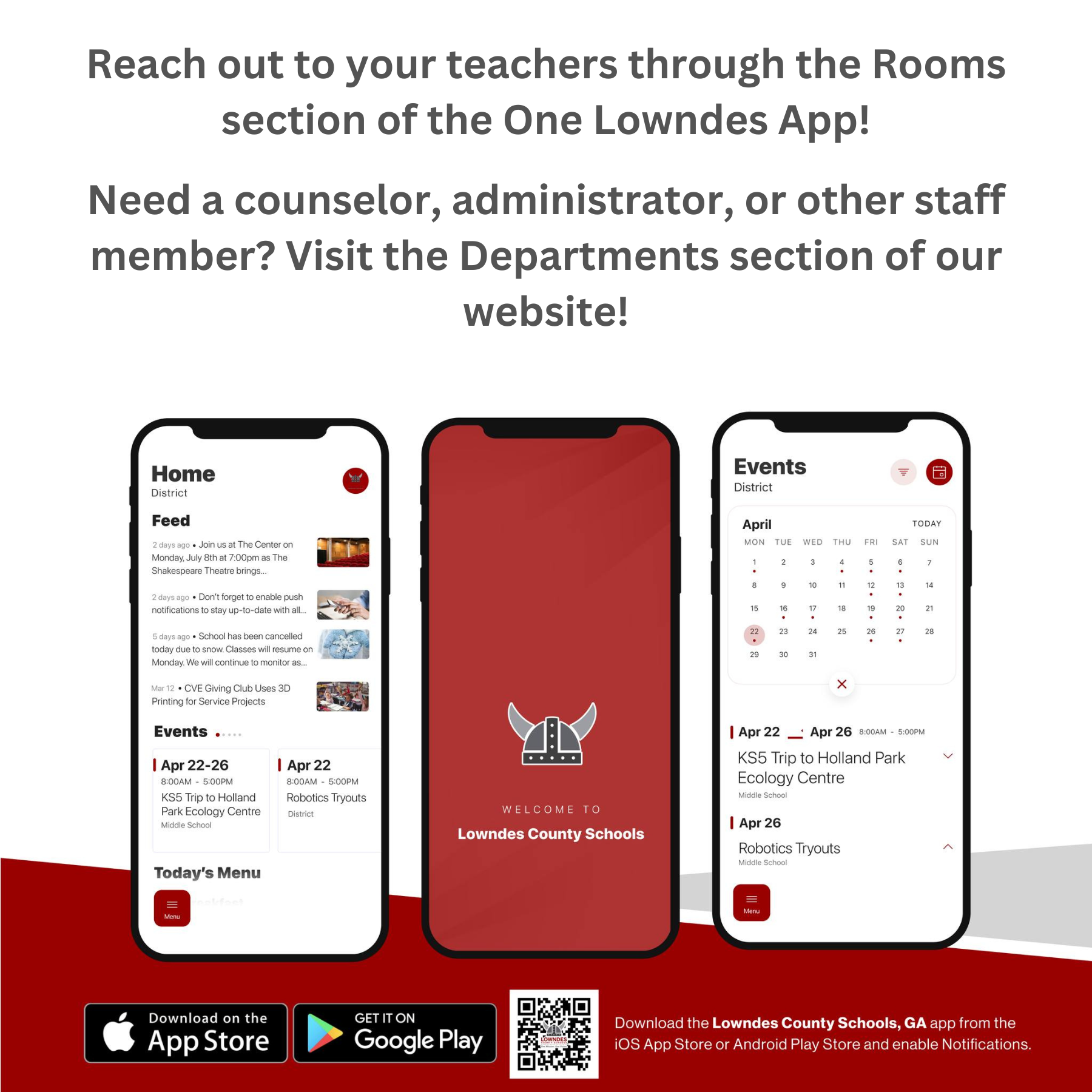 Reach out to your teachers through the Rooms section of the One Lowndes App. 