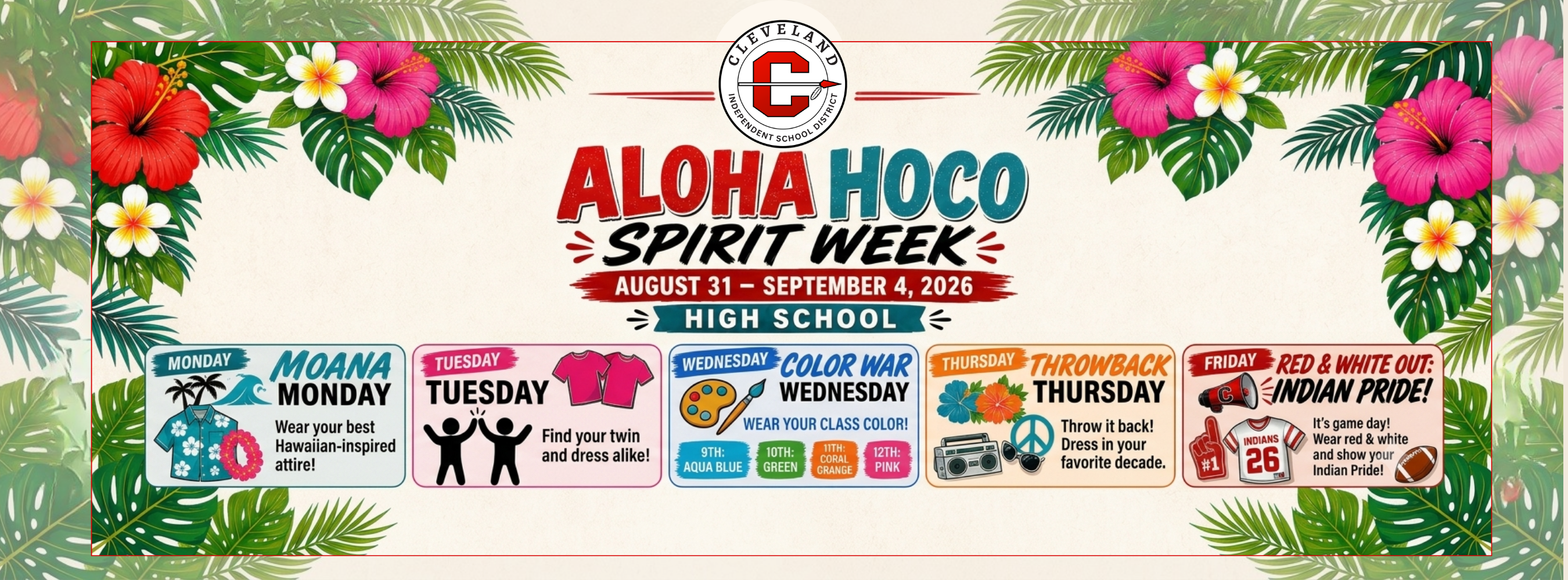 A colorful poster for the Aloha Hoco Spirit Week, dated August 21-September 4, 2024. It features tropical flowers, leaves, and a logo.
