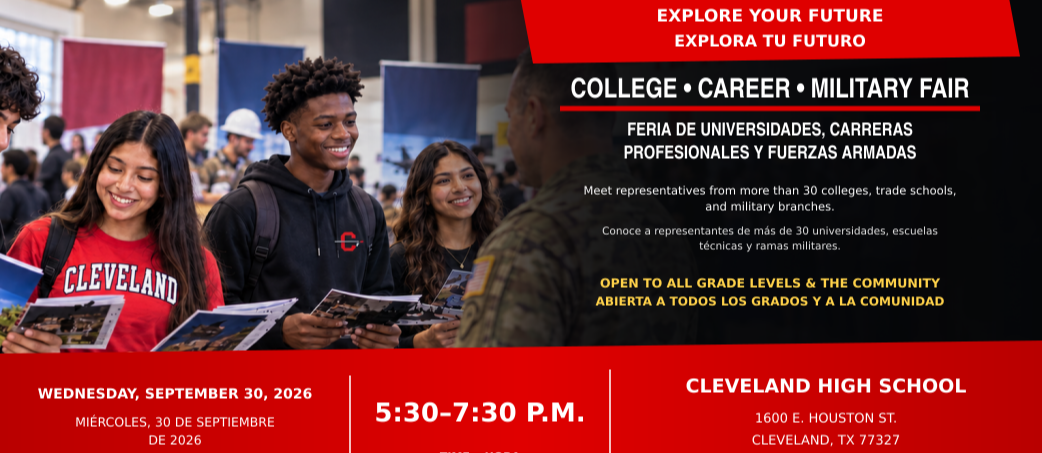Advertisement for the College Career Military Fair. Diverse group of young people in casual attire.
