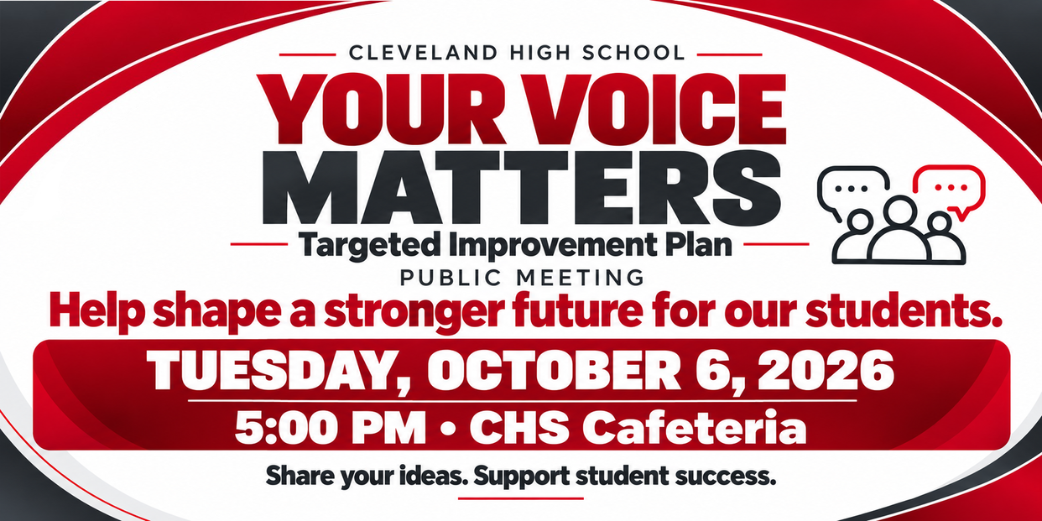 A flyer for a Cleveland High School event promoting a public meeting on October 6, 2026.