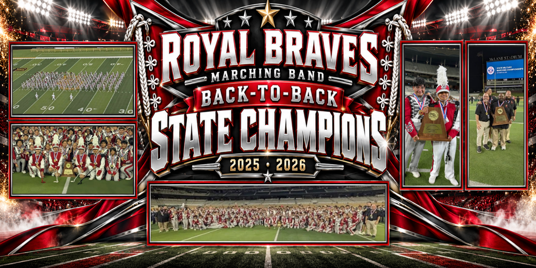 Graphic design for marching band with three photos of band performing, winning trophy, and on football field.