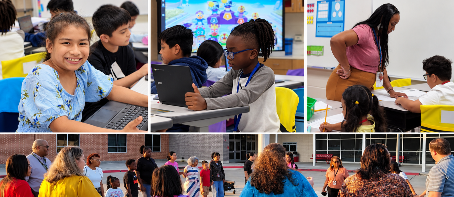 Four photos show children engaged in various activities in a classroom and outdoor setting. A girl uses a laptop, another reads, and others work at tables.